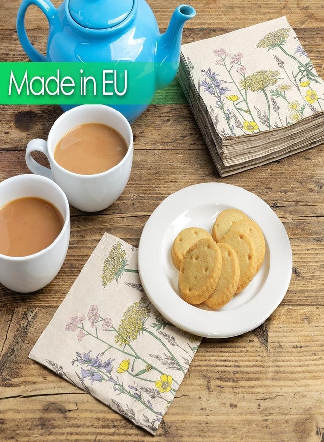 توكينج تيبلز مناديل ورقية ناعمة معاد تدويرها بنقشة زهور برية، 100 منديل، مثالية لفصل الربيع. صديقة للبيئة، للاستخدام اليومي، وقابلة للتحلل الحيوي. مناسبة لحفلات الزفاف، وحفلات الشاي، وأعياد الميلاد. ورق كرافت طبيعي. - Image 3